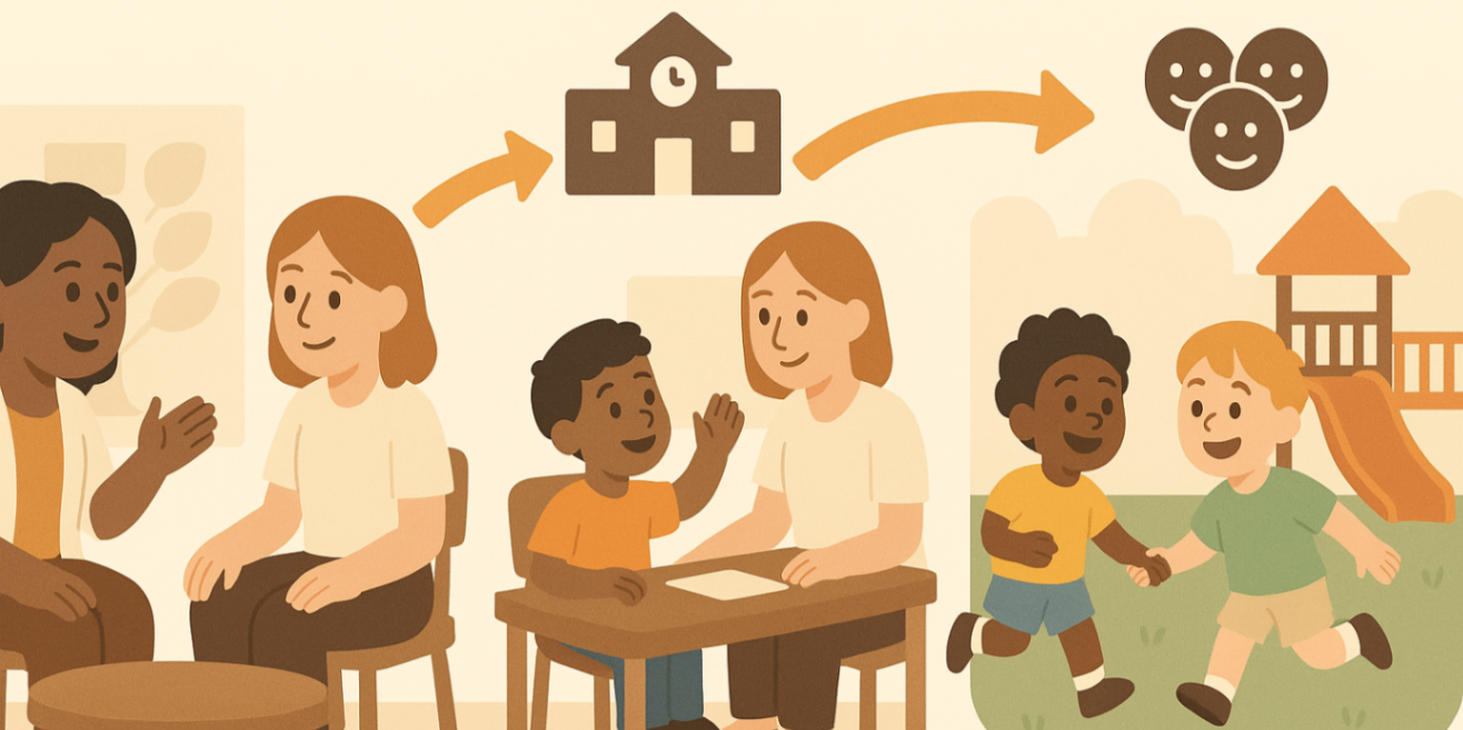 Three-scene journey from clinic to classroom to playground showing skill development after behaviour therapy for autistic children.