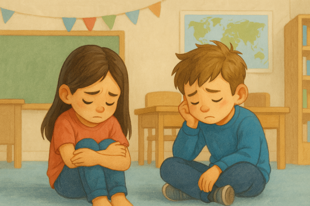 Two children sit sadly together in a classroom, highlighting social withdrawal and peer-related behaviours of concern often addressed through NDIS behavioural support.