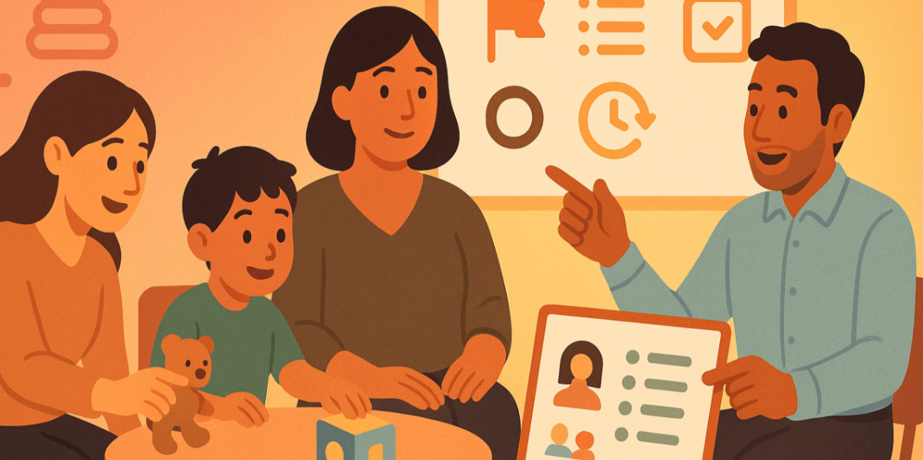 Community room where a plan manager connects families with local providers and information — community-based NDIS support