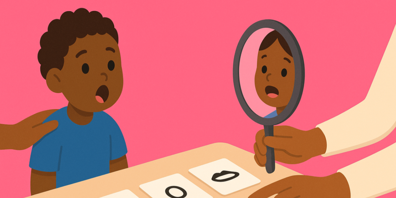 Close-up of therapist modelling mouth shapes with a mirror and pictogram cue cards as a child practices — ADHD speech therapy technique.