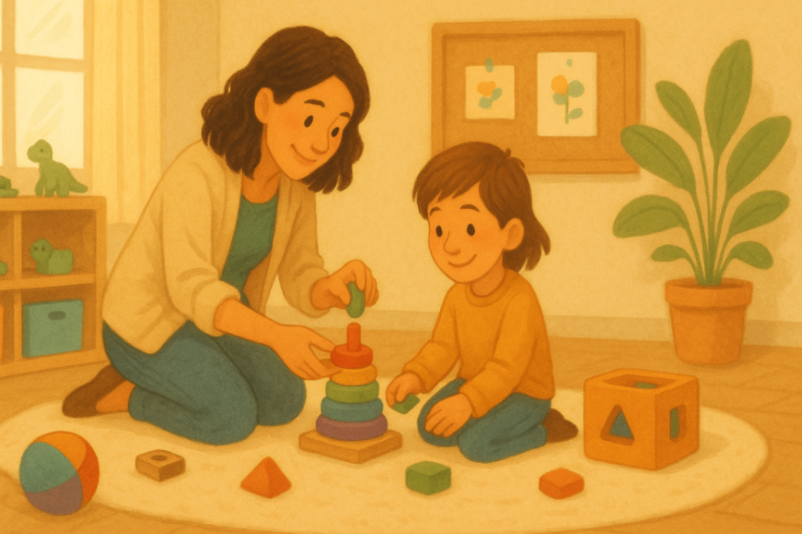 A behaviour support practitioner thoughtfully organising therapy toys and visual aids in a child-friendly therapy room, preparing for a positive behaviour session.