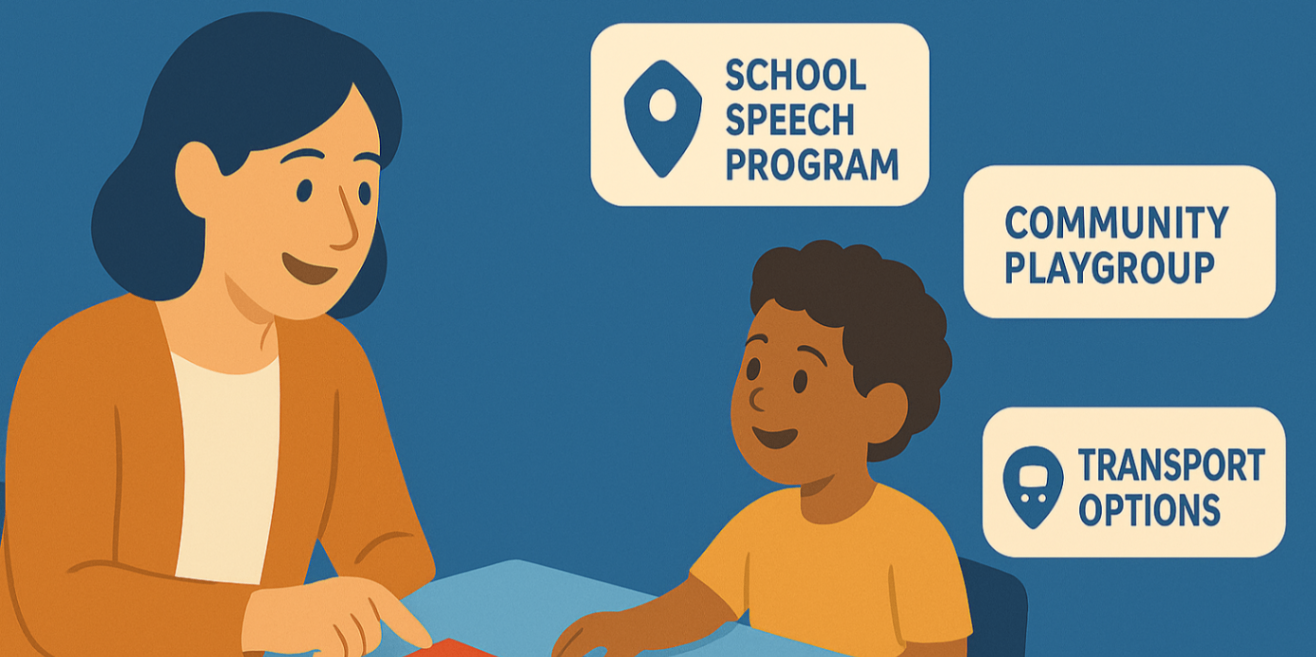 "Therapist running a play-based speech session with overlay callouts to nearby supports and map-pin resource icons.