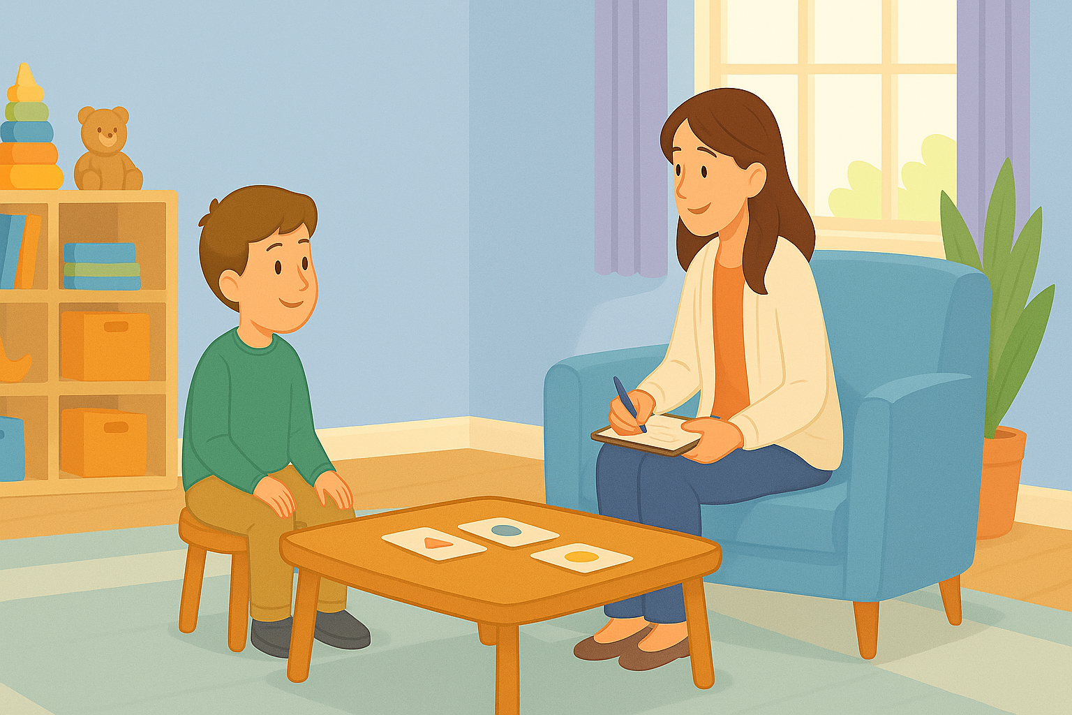 Child with autism and behavioural therapist in a therapy session, with therapist taking notes during early intervention planning