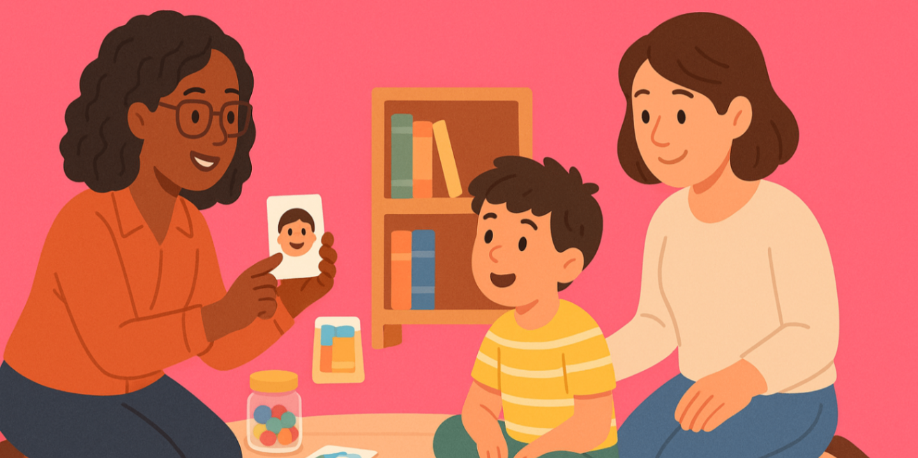Speech therapist kneeling with child using visual routine cards and a token jar — ADHD speech therapy clinic session.