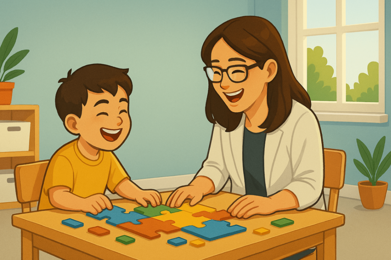 	A child and therapist sitting in the middle of a therapy room, laughing while playing with puzzles — representing joyful, NDIS-supported autism behaviour therapy.