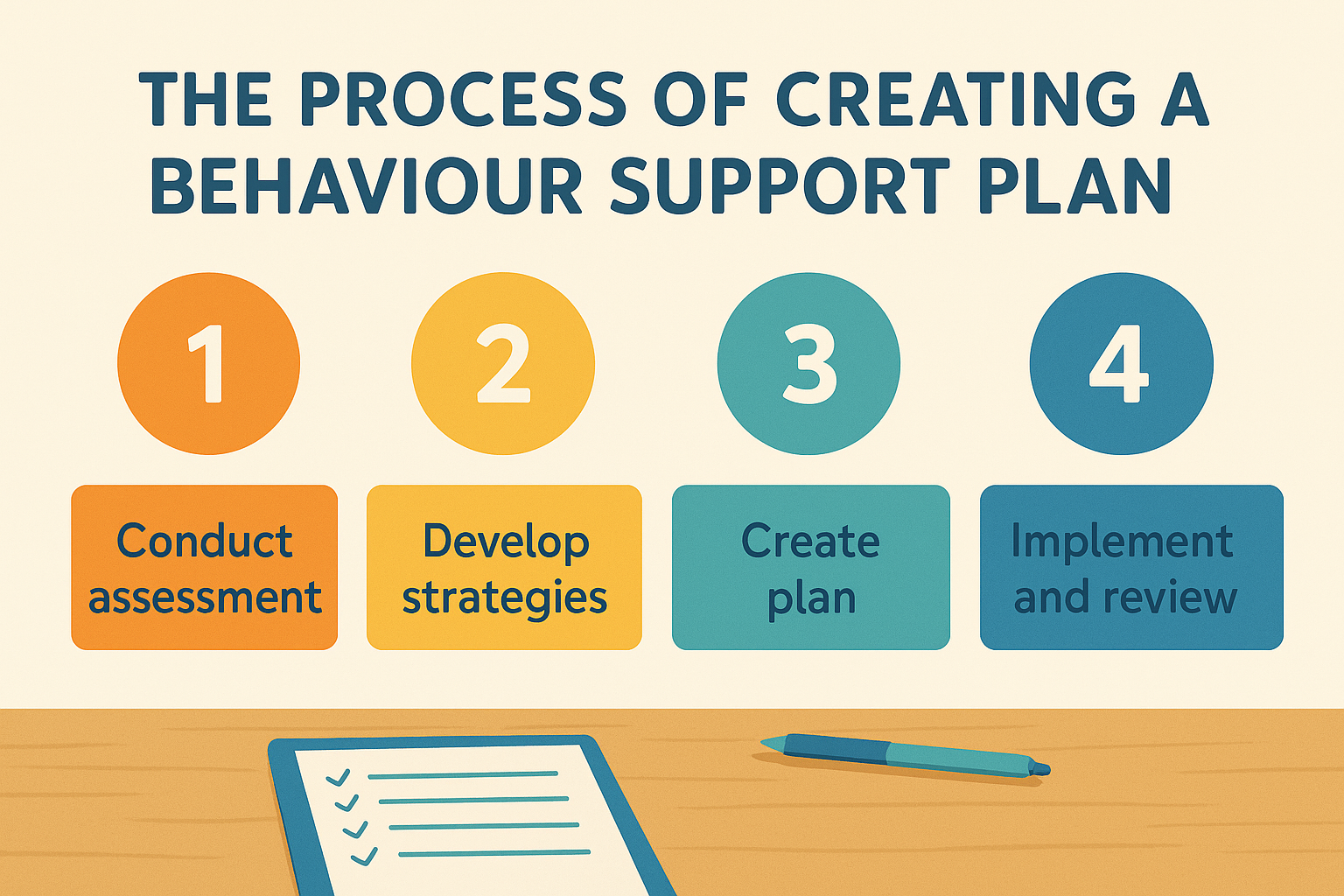 Infographic illustrating the step-by-step process of creating a Behaviour Support Plan, including assessment, goal setting, strategy development, and parent collaboration.