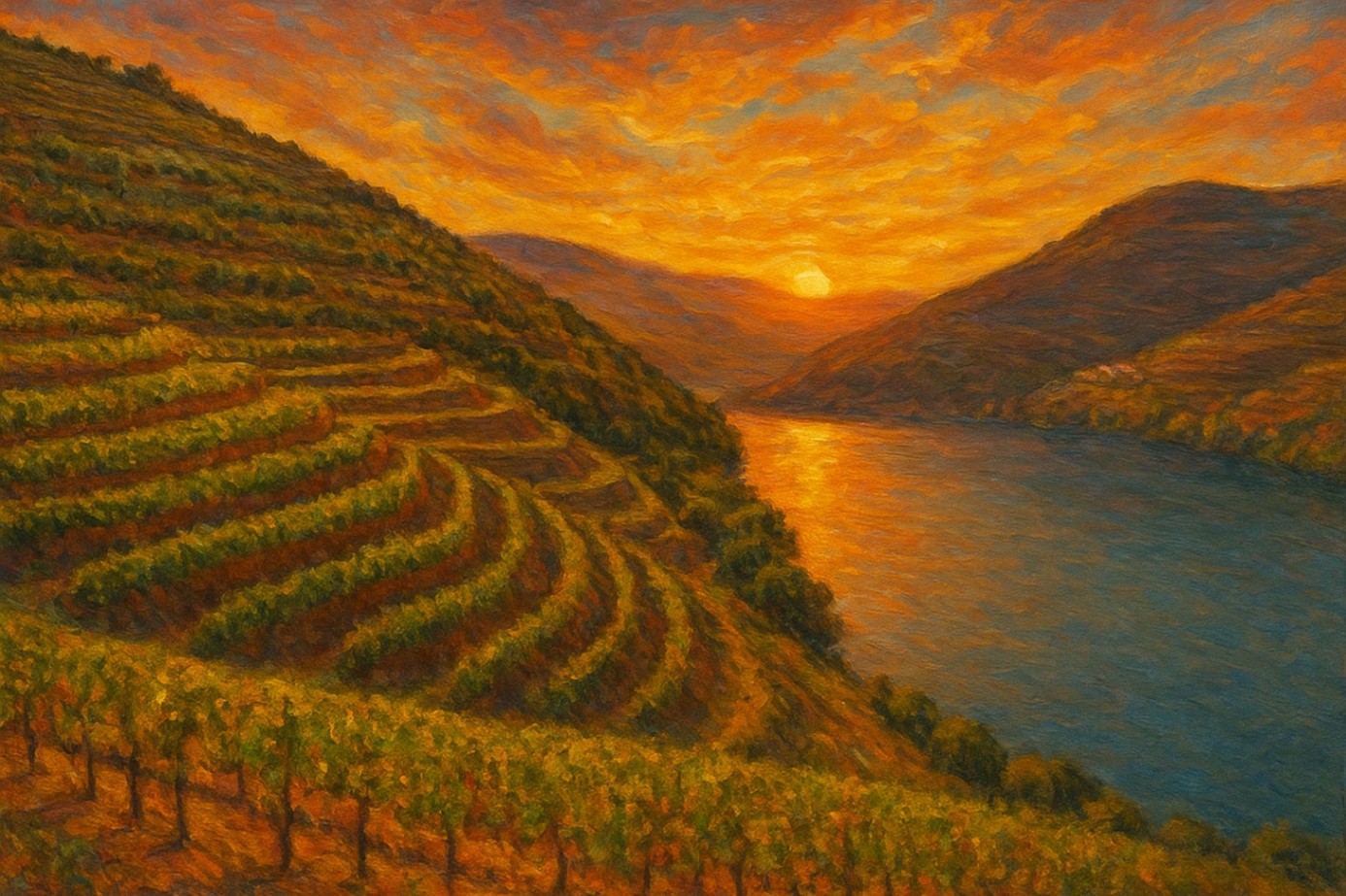 painting of vineyard along the Tagus River, Portugal Painting of vineyard on the Tagus River Portugal