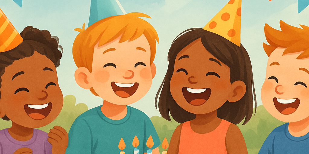 Group of young children laughing at a birthday party, symbolising improved communication skills through NDIS-funded speech therapy.