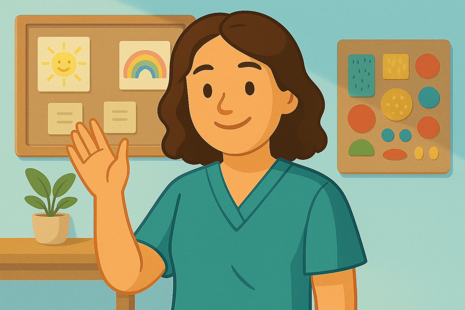Therapist warmly waving during a behavioural support session, fostering connection and trust as part of NDIS-funded specialised care.