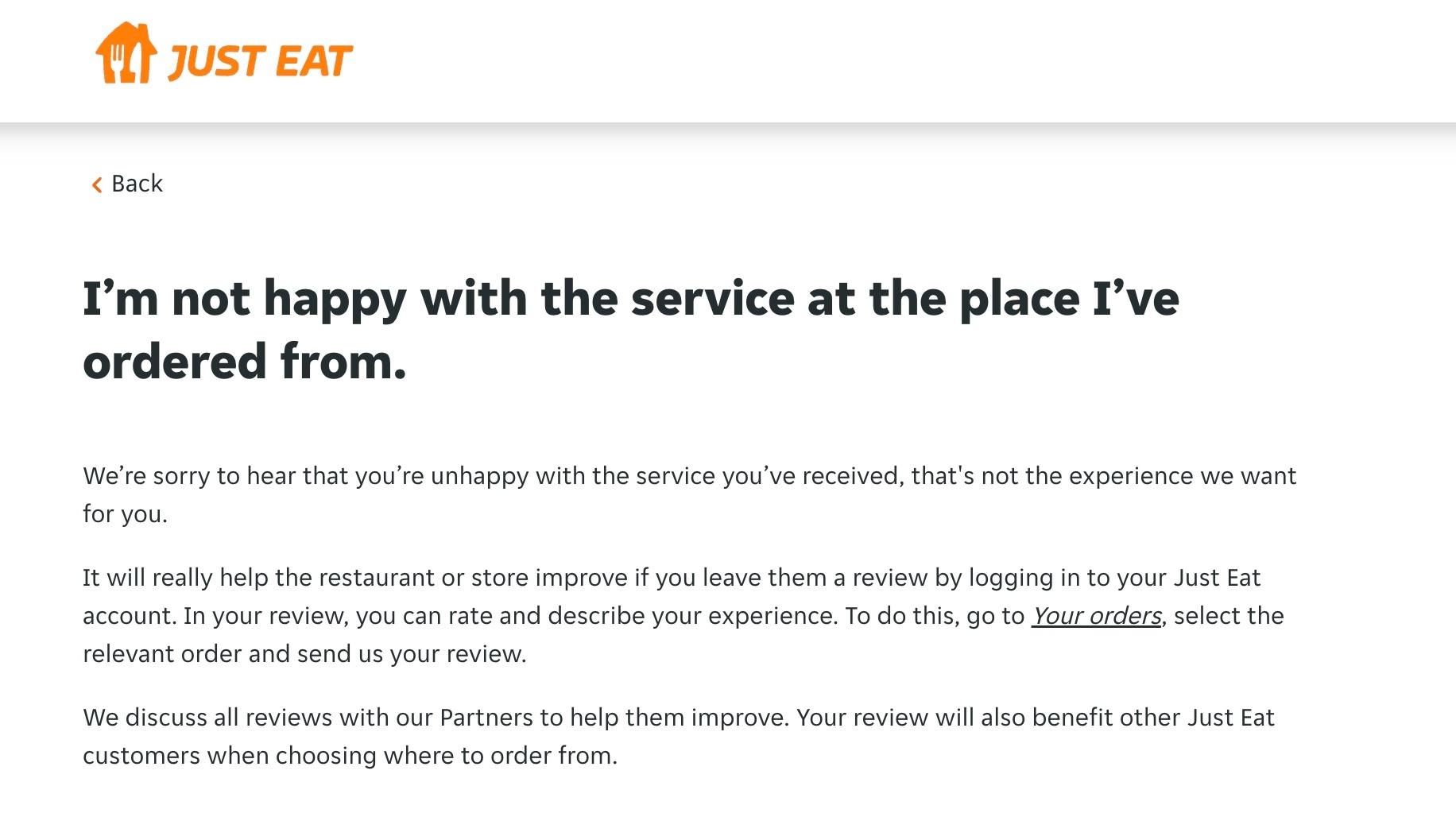 Screenshot of just eat review platform