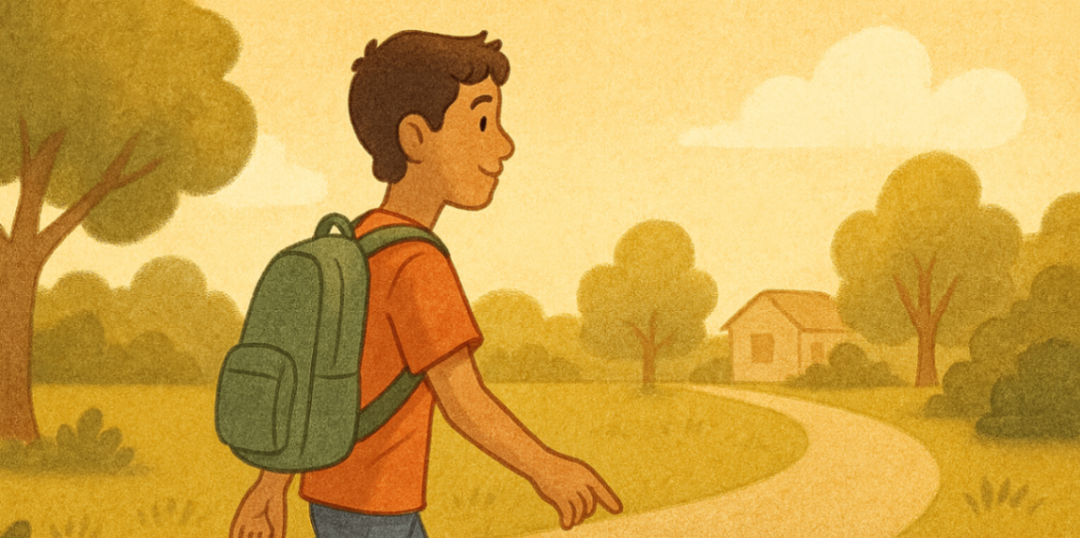 Teen walking home from a therapy session with a parent, backpack on, while the practitioner waves from the clinic doorway — transition toward independent routines.