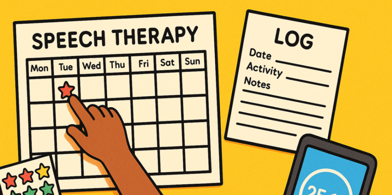 Top-down flat-lay: sticker chart, home practice log, star stickers and tablet timer; child's hand placing a star — speech progress tracking at home.