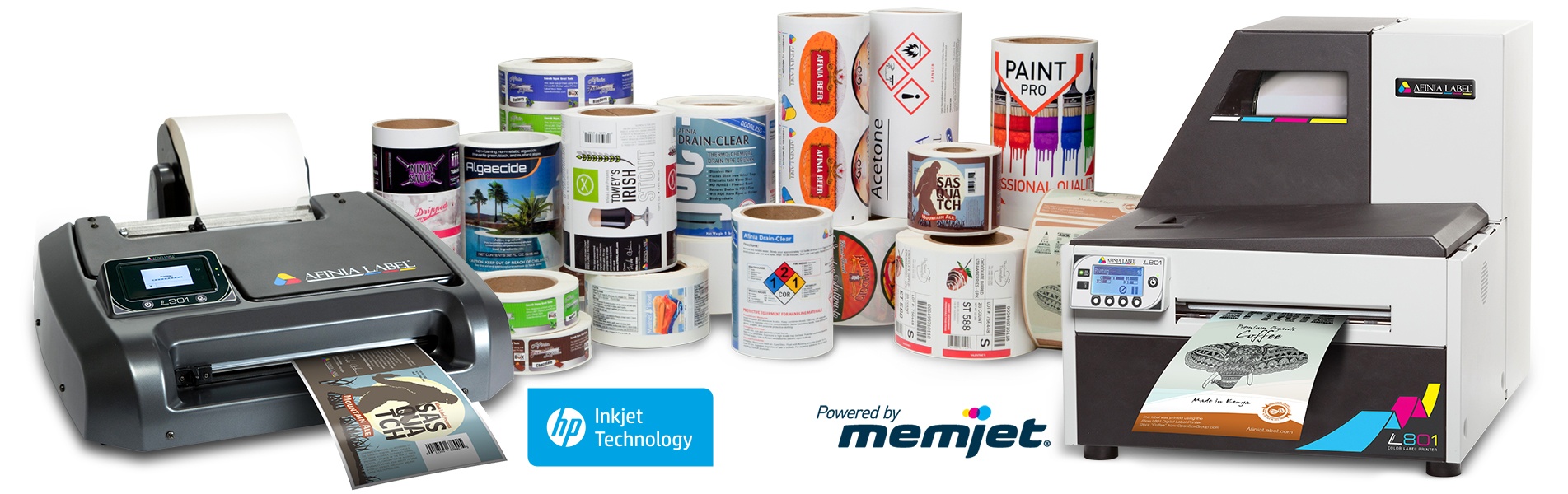 Afinia L301 and L801 shown with different color product labels printed