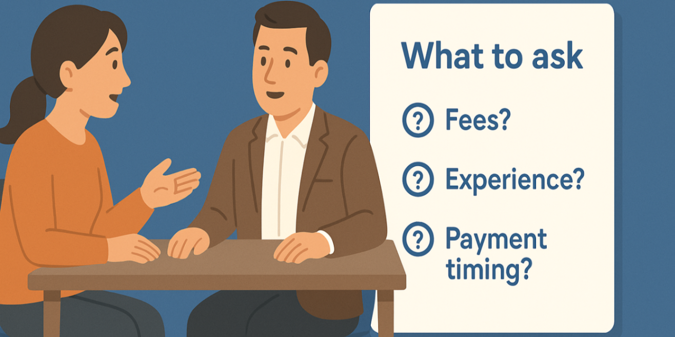 Parent consulting a plan manager with a visible 'What to ask' card listing fees, experience and payment timing.