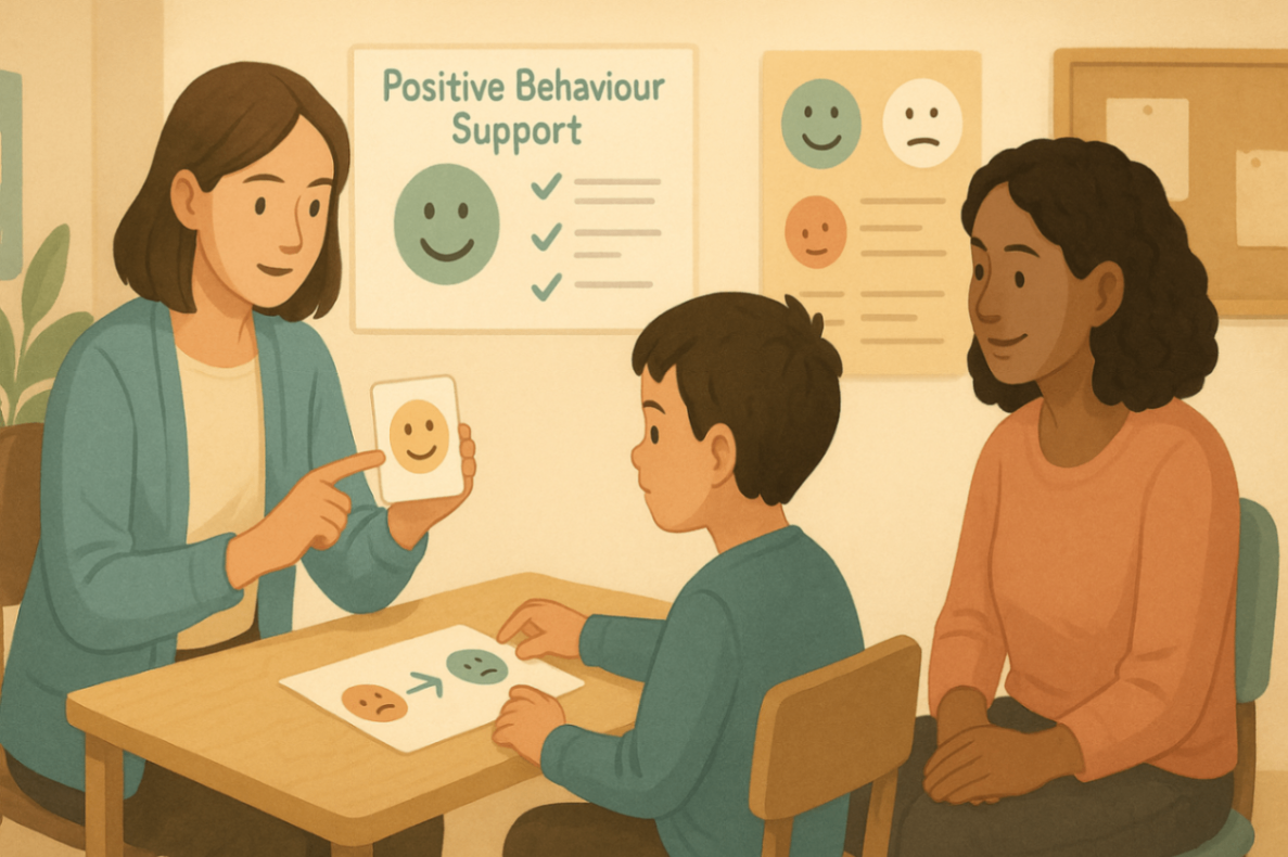 A digital artwork showing a Positive Behaviour Support session where a therapist guides a child through a visual behaviour activity, while the parent watches supportively. The therapy room features calming decor and educational posters.