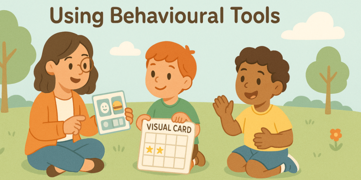 Digital educational image of a therapist teaching kids behavioural therapy methods like modelling, star charts, and social play, with cheerful icons and a sunny background.