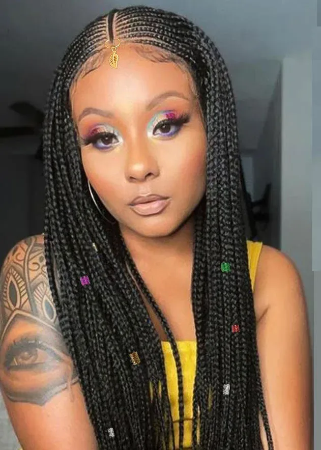 Trendy Black woman showcasing a long cornrow braids wig by Sincerely4u