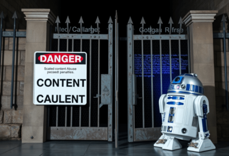 a droid standing next to a gate with a content cauldron sign