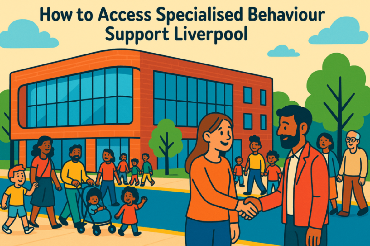 Local Liverpool street with families walking near community services offering behaviour support