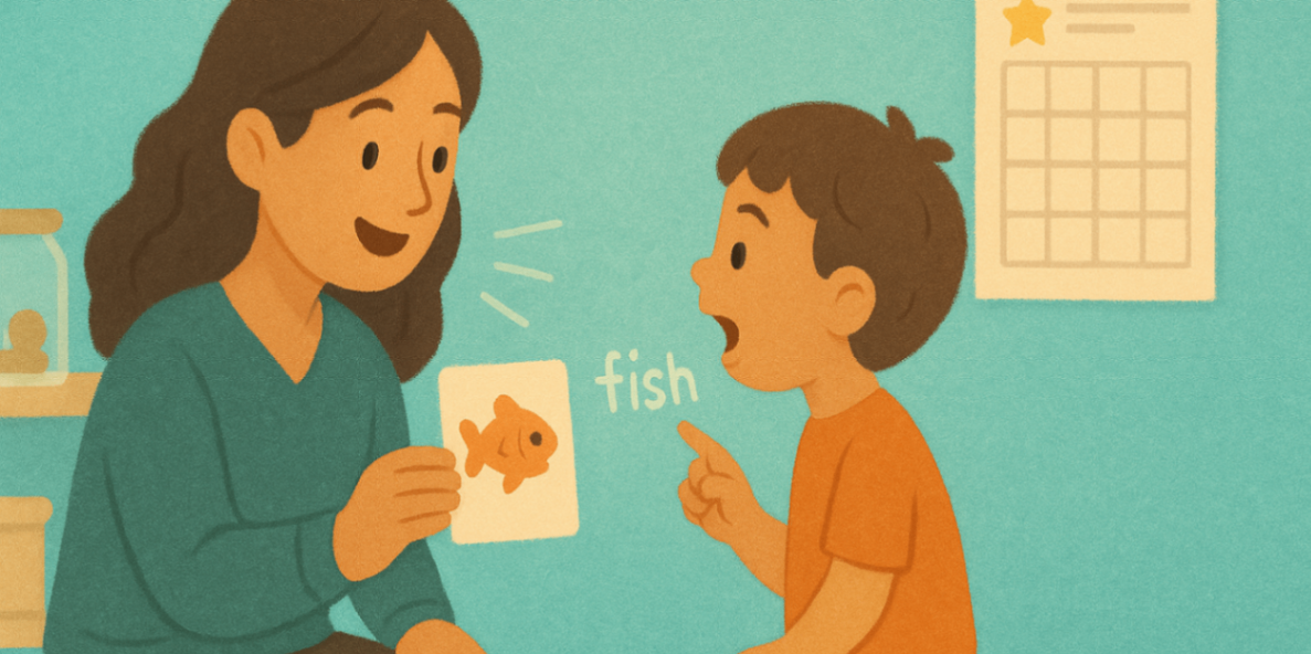 Speech pathologist kneeling and modelling words with picture cards while child points and repeats — play-based speech assessment.