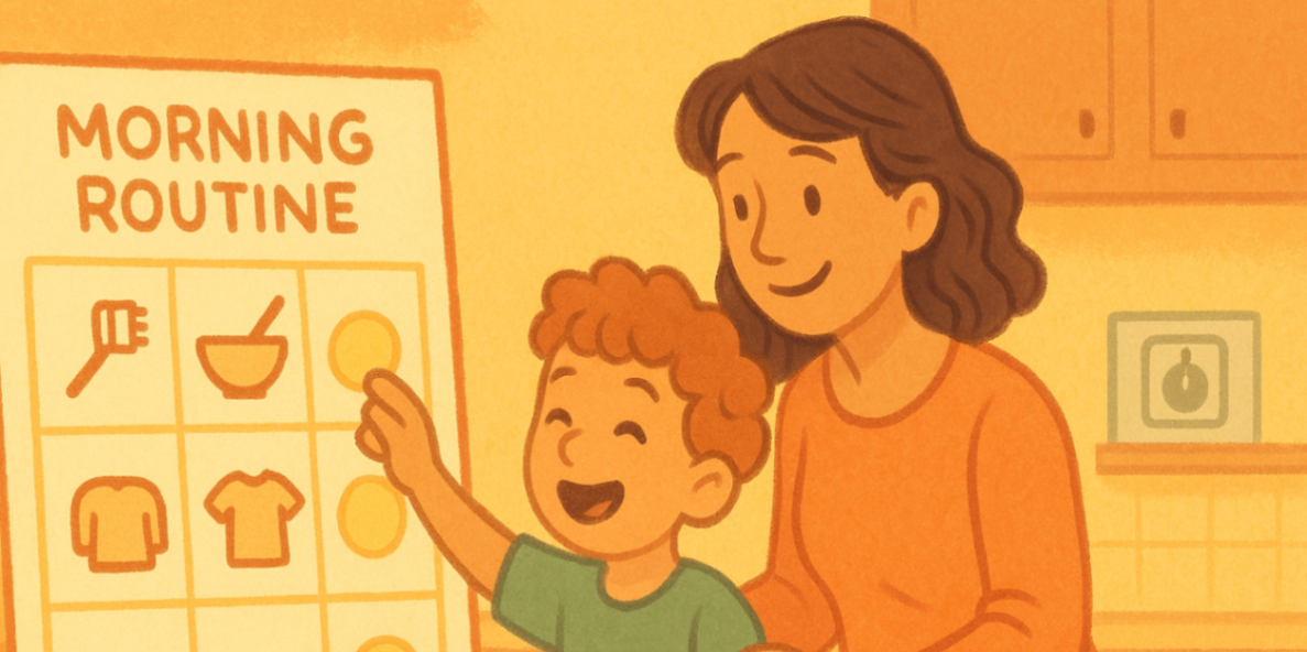 Parent and child following a bright icons-only morning routine board while the child places a sticker — visual routine and positive reinforcement
