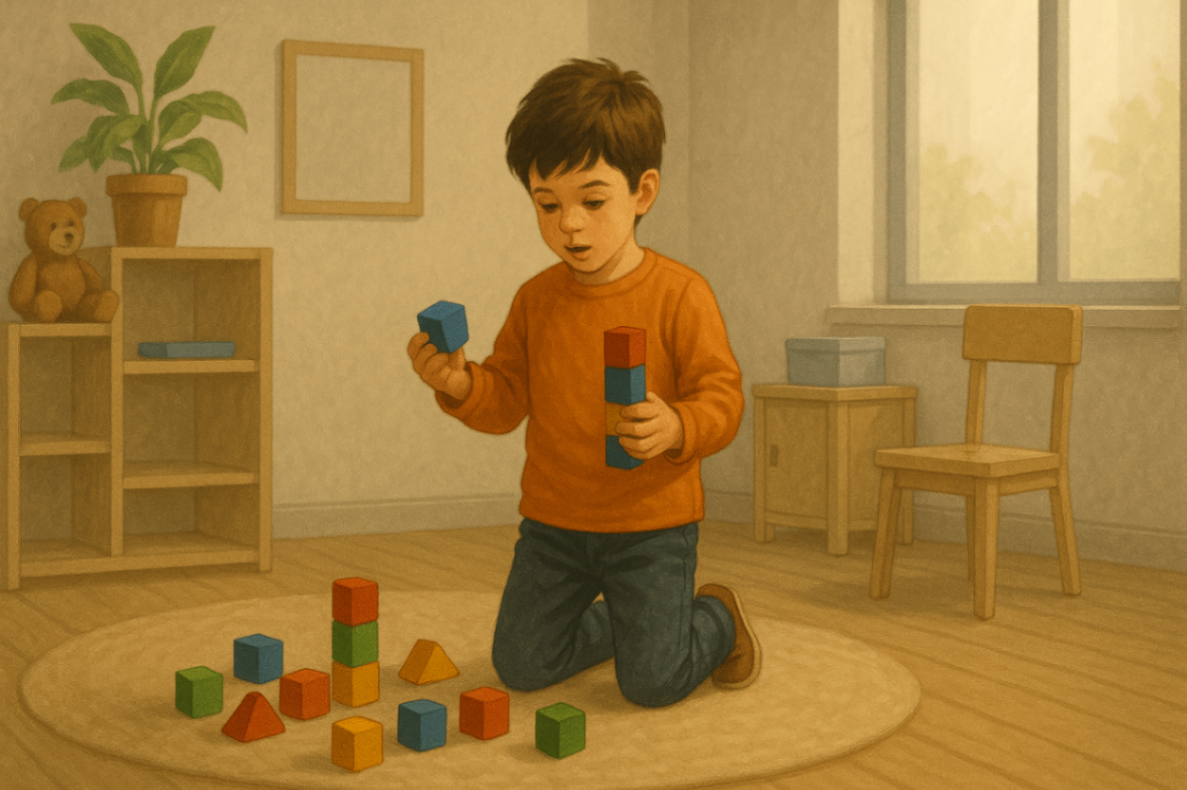 Child standing and playing during a behavioural therapy session, highlighting child-led approaches in NDIS-approved therapy environments.