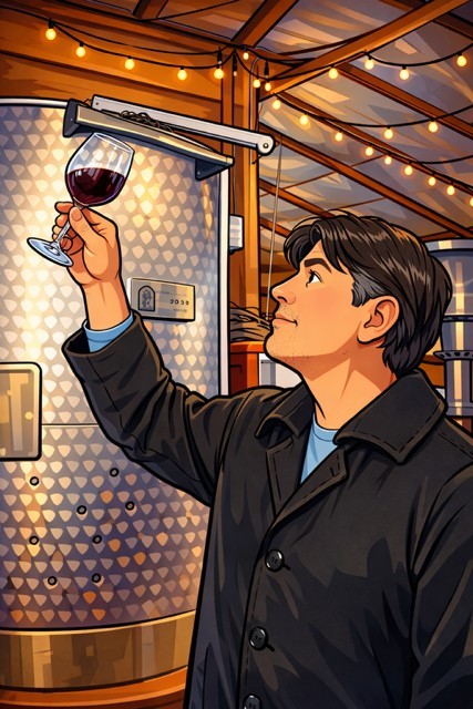 Winemaker looking at wine in a glass