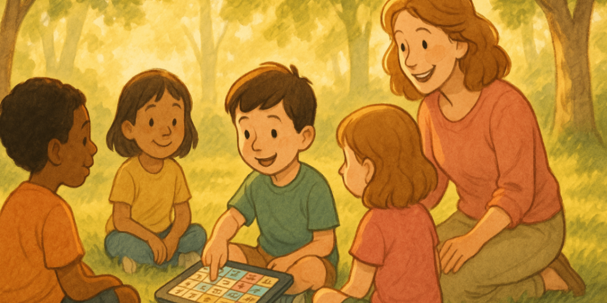 Children in an outdoor group session, one child using an AAC tablet, therapist smiling under soft sunlight.