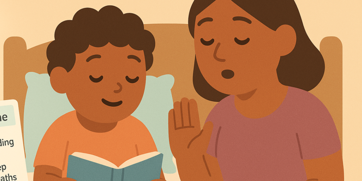 Parent and child doing a calm-down bedtime routine with a laminated card and star reward jar — home routines for therapy gains.