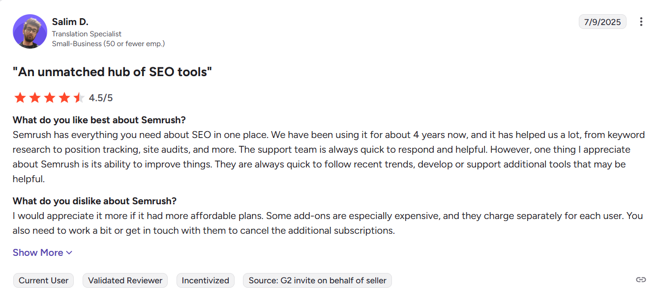 Screenshot of semrush G2 review