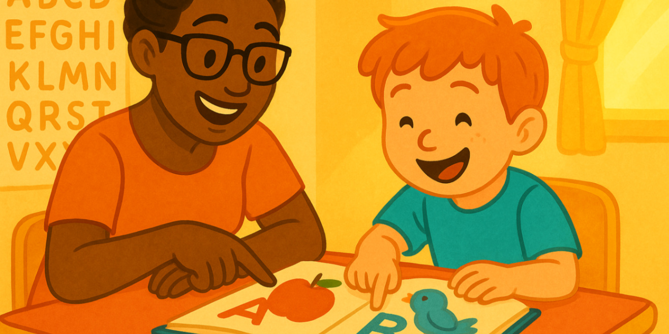 Children in a small group speech therapy session, learning letters and sounds with flashcards in a supportive classroom setting.