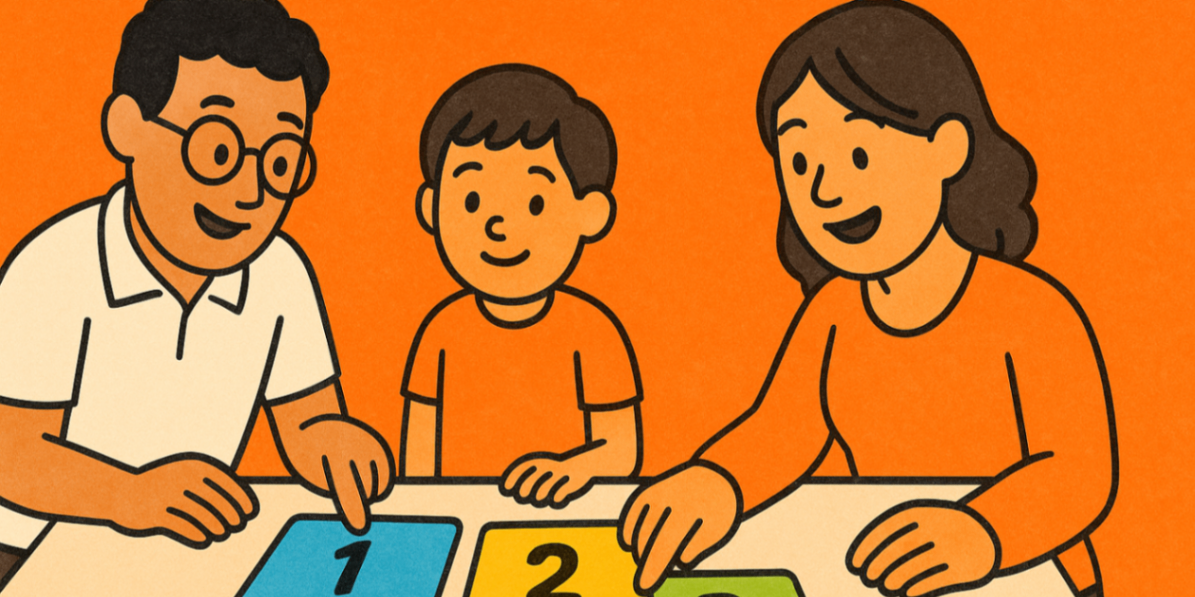 Parents and exercise physiologist writing measurable goal cards at a table (e.g., 'sit-to-stand x10', '5-min walk') with a tracker tablet visible — collaborative goal setting for paediatric EP