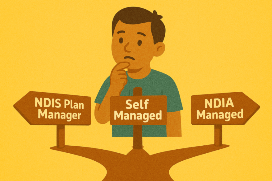 Visual of three diverging paths labeled “Plan Managed,” “Self Managed,” and “NDIA Managed,” representing the three NDIS plan management options