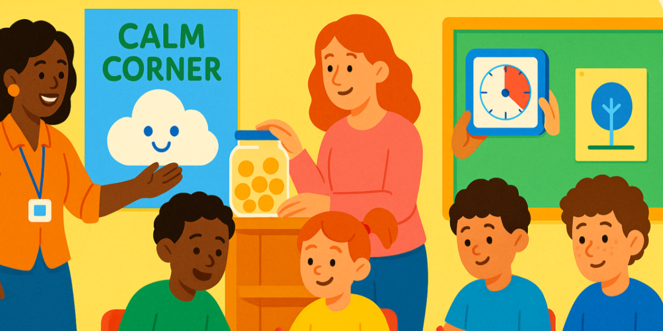 "Teacher and therapist setting up a calm corner and visual timer as children practise a focused classroom activity — ADHD strategies