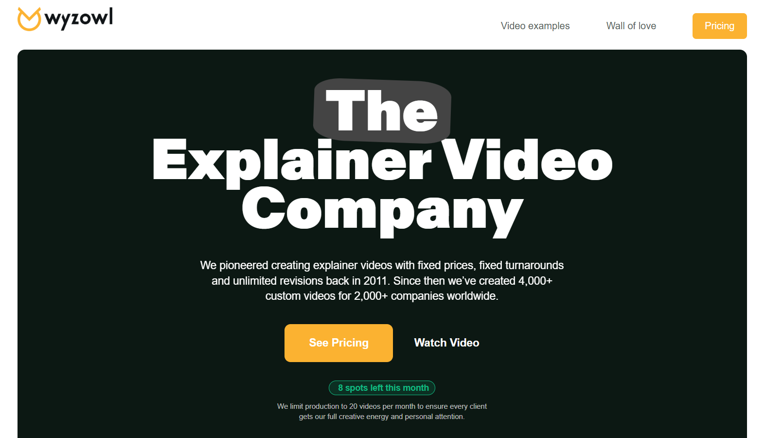 Screenshot of landing page of wyzowl