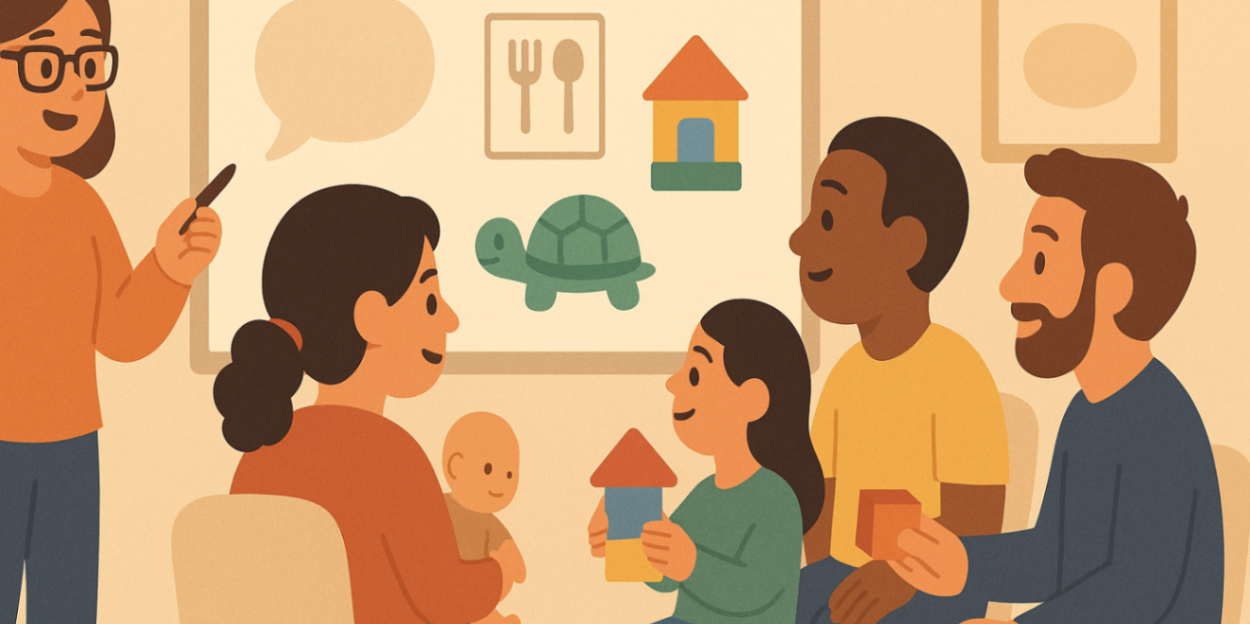 Therapist leading a parent coaching workshop demonstrating home speech strategies with toys and visual supports — speech therapy training.