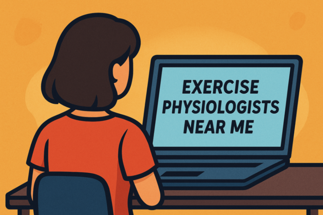 	Over-the-shoulder view of a mum searching "exercise physiologists near me" on her computer for her child’s NDIS support.