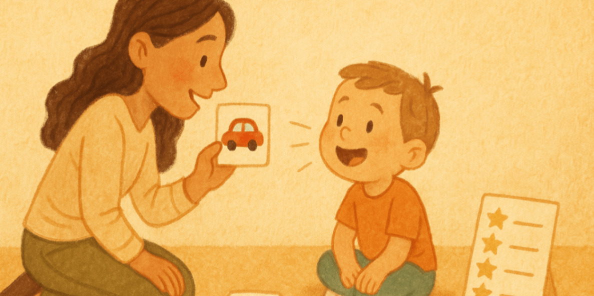 Parent practicing telehealth prompts with a child while a tablet shows a smiling therapist guiding the session.