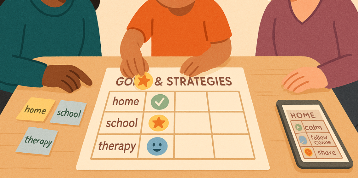 Practitioner, parent and child co-designing a personalised NDIS behaviour support plan at a low table, adding stickers to 'Goals & Strategies' — behaviour therapy Liverpool.