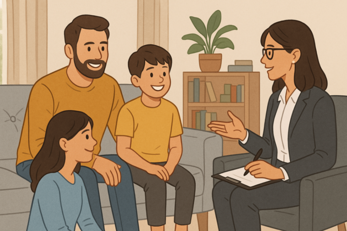 A family of four in their living room consulting with an NDIS-registered therapist about creating a personalised autism support plan under the NDIS.