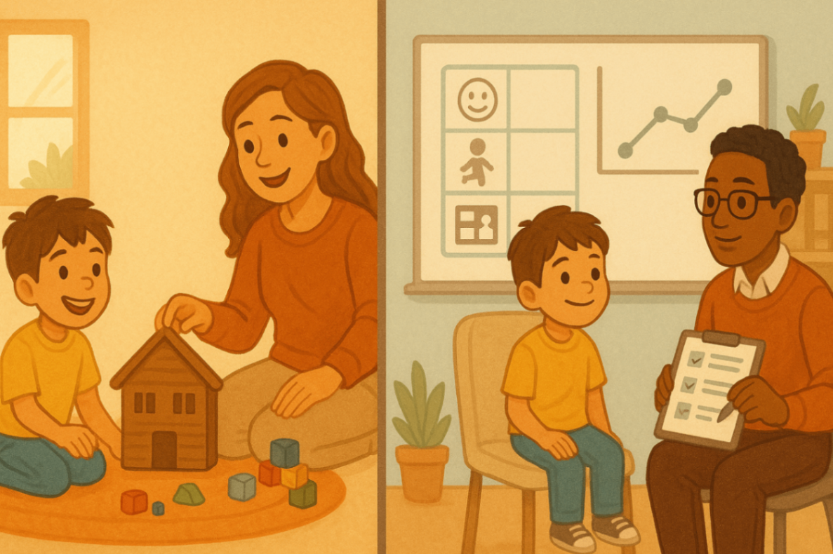 A split-screen illustration comparing two therapy styles—on one side, a casual play-based general behaviour therapy session, and on the other, a structured specialised PBS session featuring tools like visual schedules and data sheets.