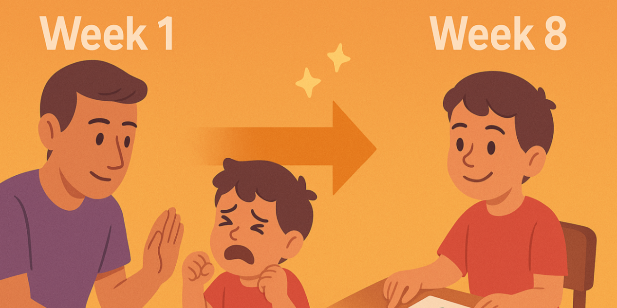 Split vignette showing progress from early challenges to calm routine following behaviour therapy — early intervention gains.