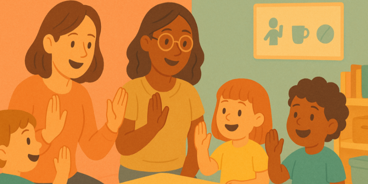 arent, speech therapist and teacher meeting at a small table reviewing an icons-only school-readiness checklist while child practices a greeting