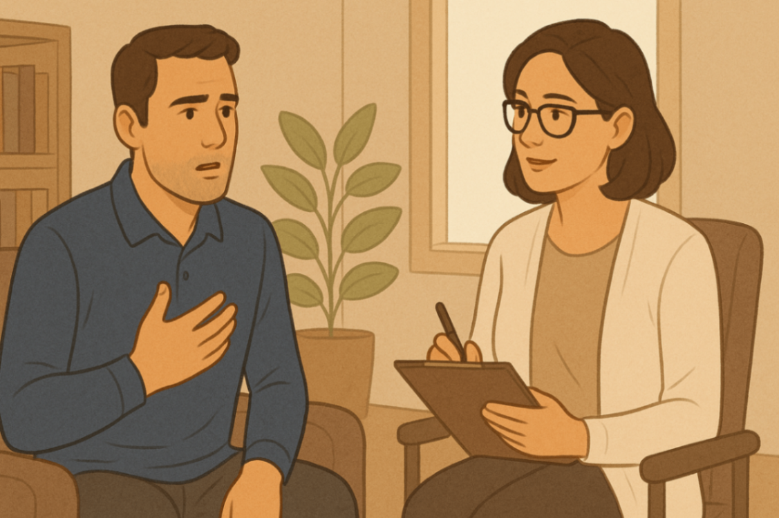 Father speaking with an NDIS provider to understand plan-managed vs self-managed funding