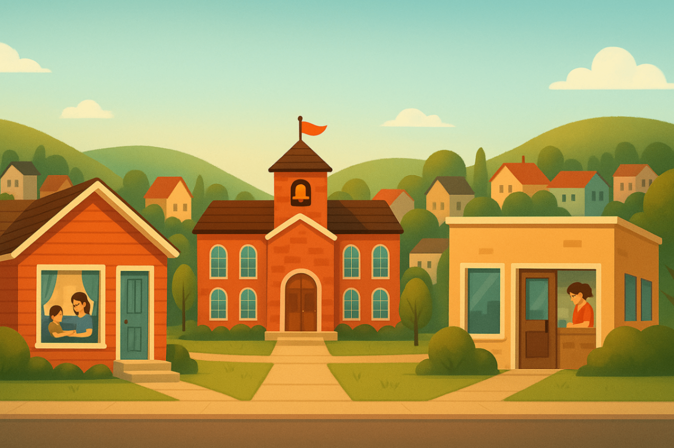 Cozy small-town illustration showing a child’s home, school, and community spaces—highlighting how different environments shape behaviour support plans.
