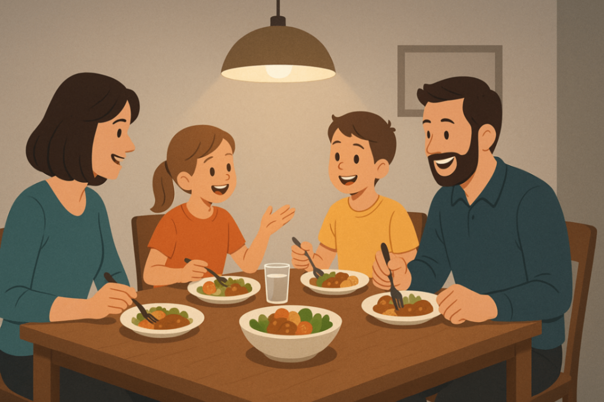 Family discussing NDIS plan management for autism support at home during dinner.