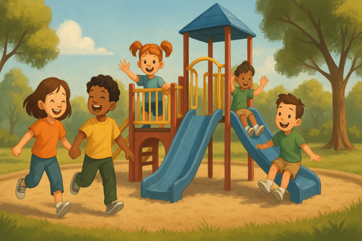 Wide view of children playing in a playground, representing inclusive environments supported by personalised Positive Behaviour Support under the NDIS.