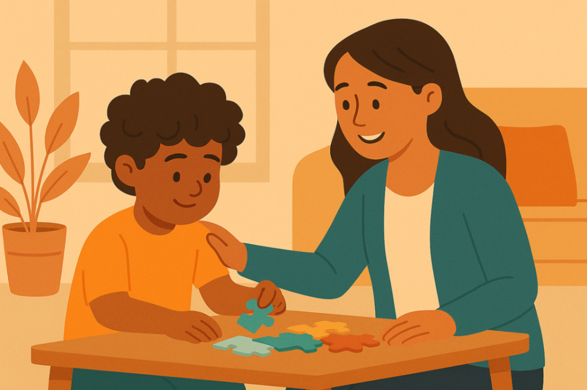 Child developing focus and problem-solving with therapist support during a Positive Behaviour Support activity.