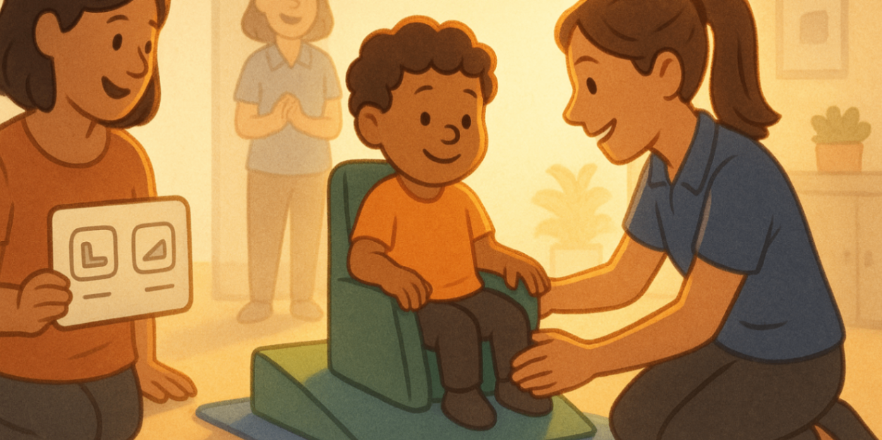 Exercise physiologist timing a child doing a focused balance drill while recording reps on a tablet — assessing attention and baseline motor control.