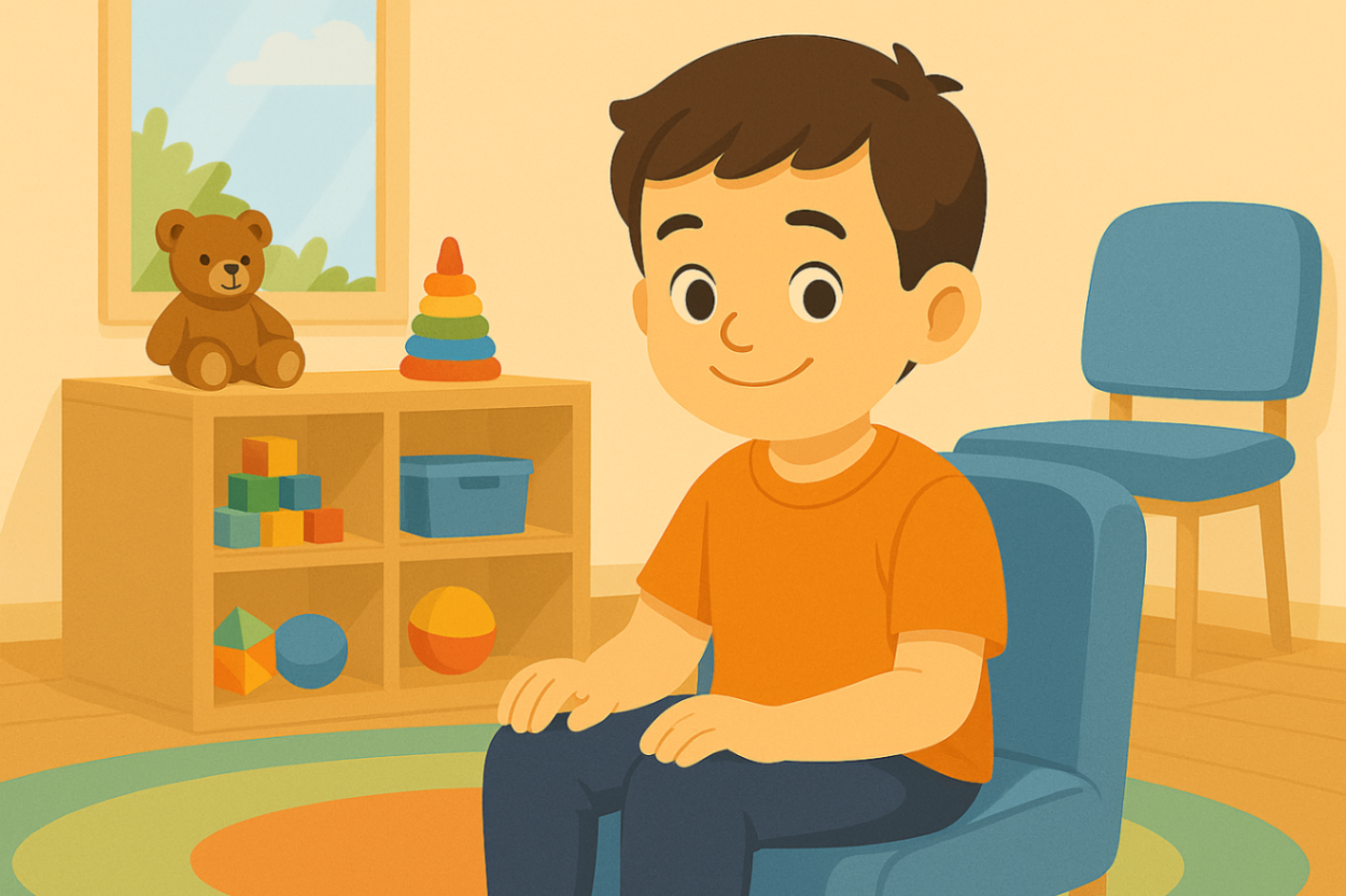 A smiling child in a Liverpool therapy clinic, engaging in a face-to-face positive behaviour support session.